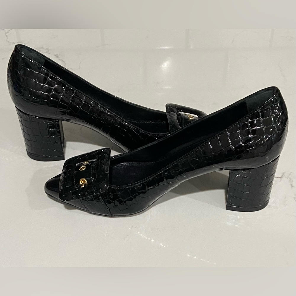 AGL Black Crocodile Print Leather Block Heel Buckle Pumps Women’s Size 35 New - Picture 7 of 15